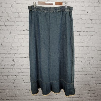 Sun River Blue Chambray Embroidered Floral Lace Trim Unlined Maxi Skirt Medium M
