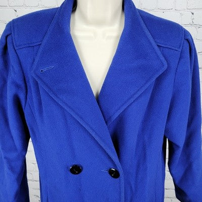 VTG KAREN Blue 100% Wool Puff Sleeve Heavyweight Lined Pea Coat USA Made Size 6
