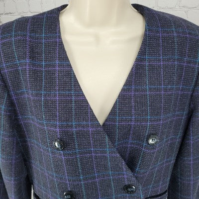 VTG Club 5' 4" Black & Purple Check Double Breasted Suit Jacket USA Made Size 4P