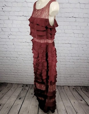 Adrianna Papell Deep Red Lace Layered Sleeveless Maxi Bridesmaid Dress Size 10