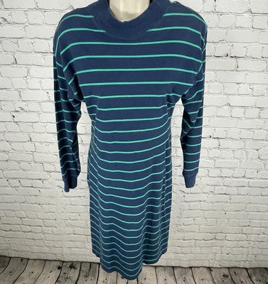 VTG Paris Sport Club Blue Green Striped Retro Long Sleeve Stretch Dress Size XS