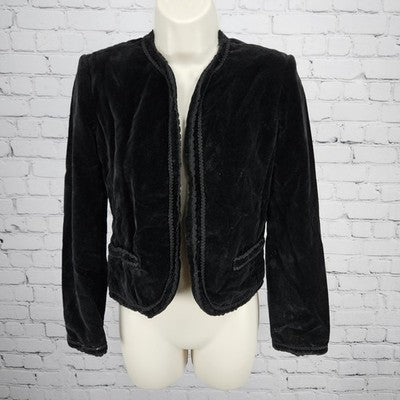 VTG The Villager Black Velvet Open Lined Intricate Trim Goth Collarless Jacket 4
