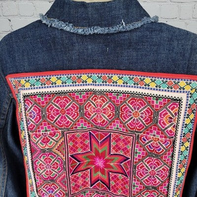 Customized Homemade Denim Girl ATX Blue Embellished Jean Boho Denim Jacket M