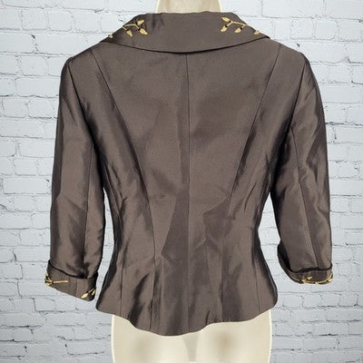 Jodi Brown Wool Silk Blend Gold Embroidered 3/4 Sleeve Buttoned Jacket Size 4