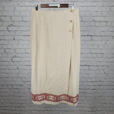 Susan Gail Collection Beige Linen Blend Red Print Buttoned Wrap Unlined Skirt 12