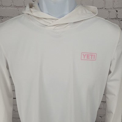 Yeti White Pink Logo Hooded Light Long Sleeve Pullover Activewear Stretch Top XS
