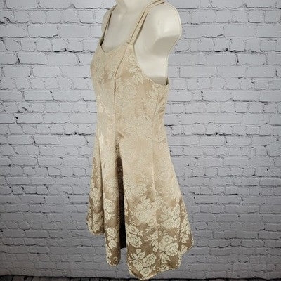 VTG Nite Kraze Gold Metallic Satin Floral Strappy Fit & Flare Short Dress 7/8