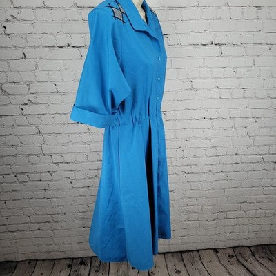VTG Petites By Willi Blue Pleated Buttoned Short Sleeve A Line Dress USA 8
