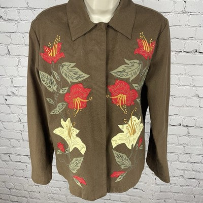 Hearts Of Palm Brown Floral Embroidered Buttoned Lightweight Jacket Size 8