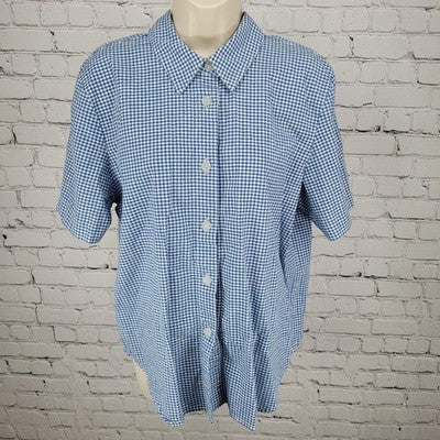 VTG On The Verge Blue Check Button Up Short Sleeve Shirt Top USA Made Size Large