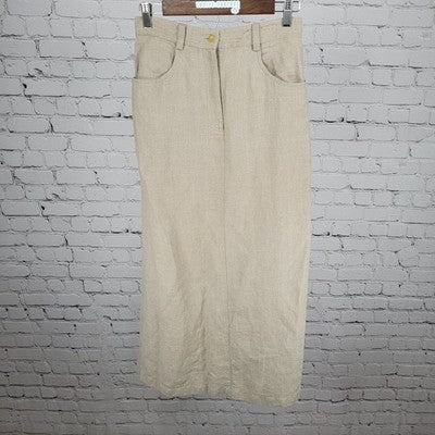 VTG British Khaki Beige 100% Linen Unlined Back Slit Pockets A Line Skirt Size 4
