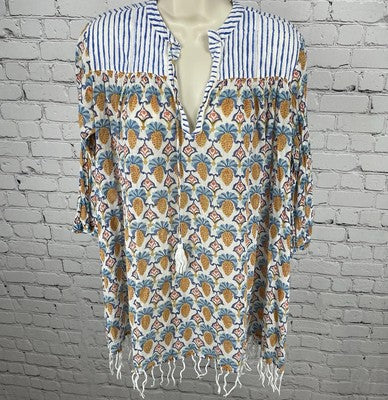 Roller Rabbit Printed 100% Cotton Lightweight Boho Tassel Tunic Top Size Small S