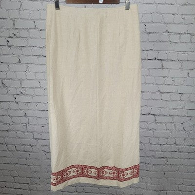 Susan Gail Collection Beige Linen Blend Red Print Buttoned Wrap Unlined Skirt 12