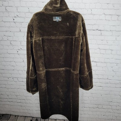 Blanc Noir Brown Suede Like Faux Fur Buttoned Collared Cuffed Long Coat Size XL