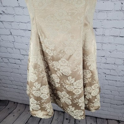 VTG Nite Kraze Gold Metallic Satin Floral Strappy Fit & Flare Short Dress 7/8