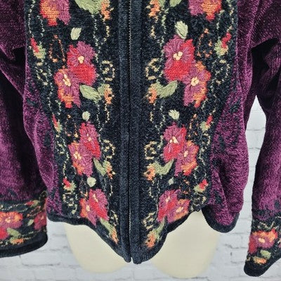 Coldwater Creek Purple Velvet Floral Embroidered Full Zip Jacket Small S