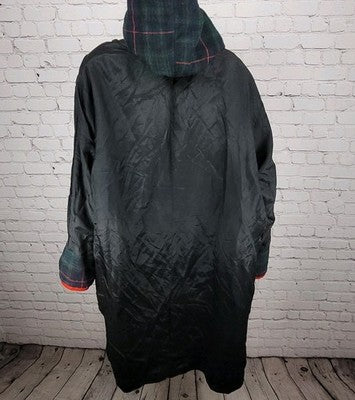 VTG Herman Kay Black Red Wool Blend Hooded Buttoned Long Heavy Over Coat 20W