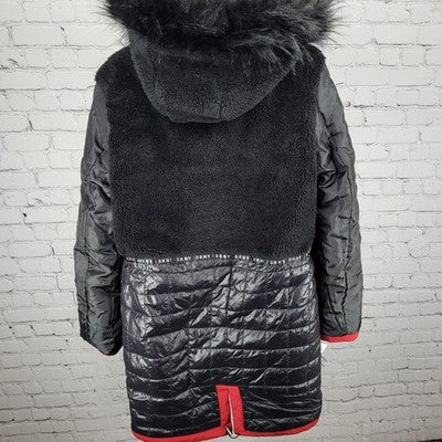 DKNY Red Faux Fur Trim Removable Hood Insulated Full Zip Jacket Medium M