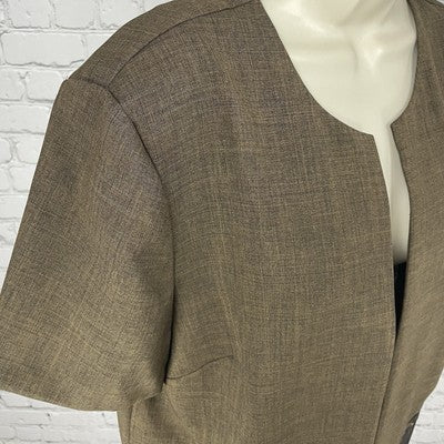 Periwinkle Brown Embroidered Floral Open Short Sleeve Lightweight Jacket Size 14