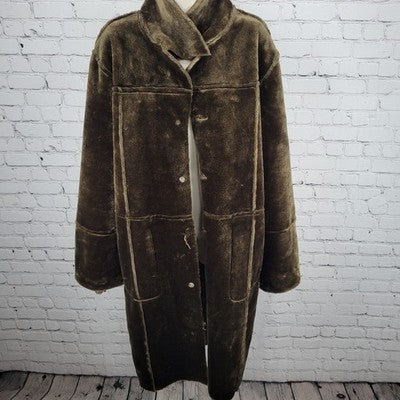 Blanc Noir Brown Suede Like Faux Fur Buttoned Collared Cuffed Long Coat Size XL