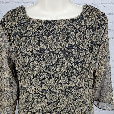 VTG Coldwater Creek Brown Black Floral Lightweight 3/4 Sleeve Dress USA Small S