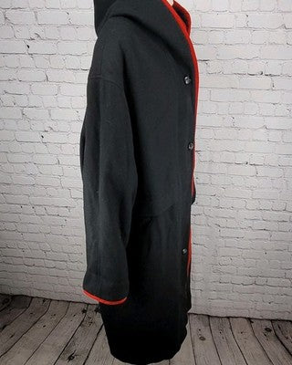 VTG Herman Kay Black Red Wool Blend Hooded Buttoned Long Heavy Over Coat 20W