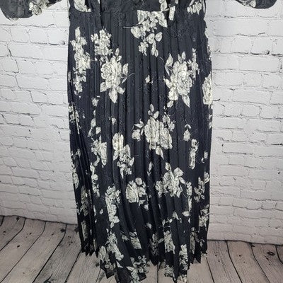 Mila Mae Black Cream Floral Puff Sleeve Collared Pleated Buttoned Midi Dress XS
