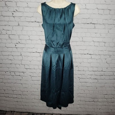 VTG Talbots Green Satin Sleeveless Pleated Tie Back Lined A Line Midi Dress 6