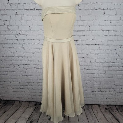 Mori Lee Cream Chiffon Satin Accents Strapless A Line Bridesmaid Short Dress 7/8