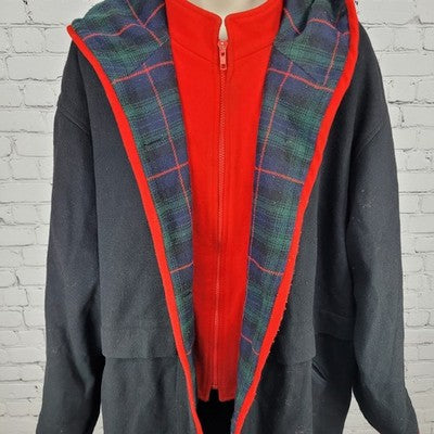 VTG Herman Kay Black Red Wool Blend Hooded Buttoned Long Heavy Over Coat 20W