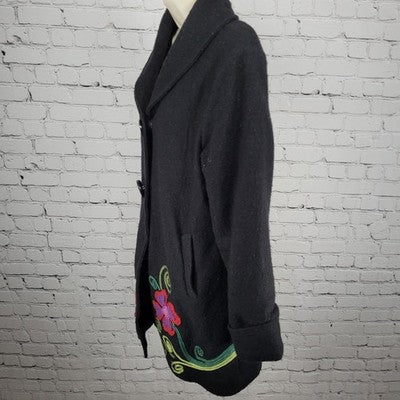 Carson Black 100% Wool Floral Applique Snap Closure Pockets Lined Coat Large L