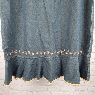 Sun River Blue Chambray Embroidered Floral Lace Trim Unlined Maxi Skirt Medium M