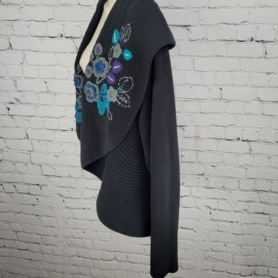 Freelance Black 100% Cotton Floral Embroidery Open Shawl Cardigan Size Large L
