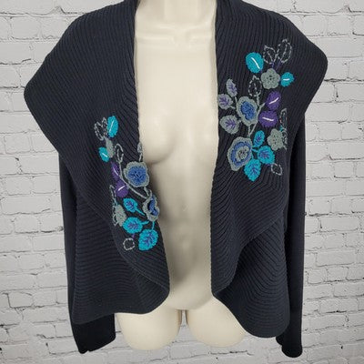 Freelance Black 100% Cotton Floral Embroidery Open Shawl Cardigan Size Large L