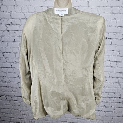 VTG Jones New York Green Beige 1 Button Collarless Padded Suit Jacket USA 16
