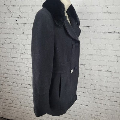 Larry Levine Black Wool & Cashmere Rex Rabbit Fur Collar Pea Coat Size Small S