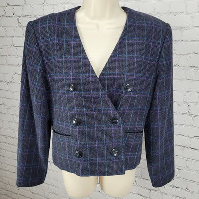 VTG Club 5' 4" Black & Purple Check Double Breasted Suit Jacket USA Made Size 4P