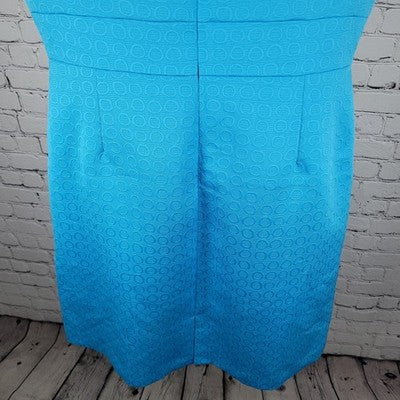 Tahari Blue Cap Short Sleeve Gold Accents Lined Back Slit Sheath Dress Size 14