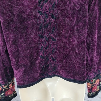 Coldwater Creek Purple Velvet Floral Embroidered Full Zip Jacket Small S
