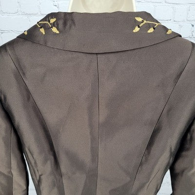 Jodi Brown Wool Silk Blend Gold Embroidered 3/4 Sleeve Buttoned Jacket Size 4