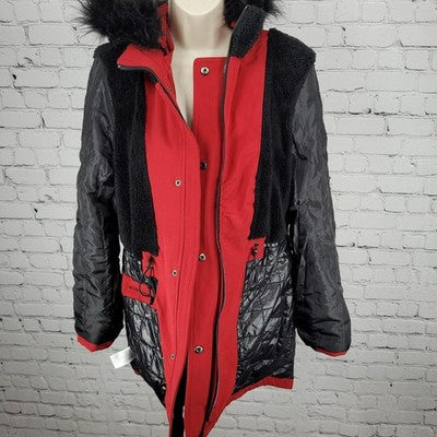 DKNY Red Faux Fur Trim Removable Hood Insulated Full Zip Jacket Medium M