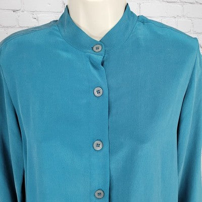 Jacqueline Ferrar Blue 100% Silk Button Up Long Sleeve Shirt Blouse Top XS