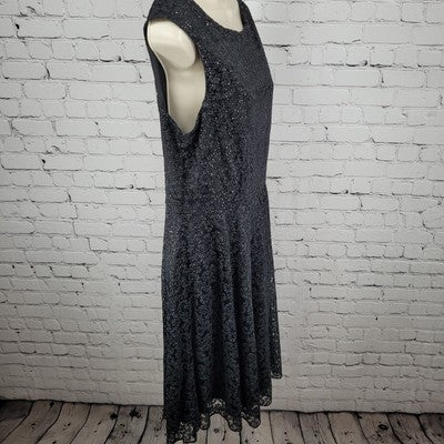 Tahari Black Sheer Glitter Overlay Sleeveless Fit & Flare Midi Dress Size 12
