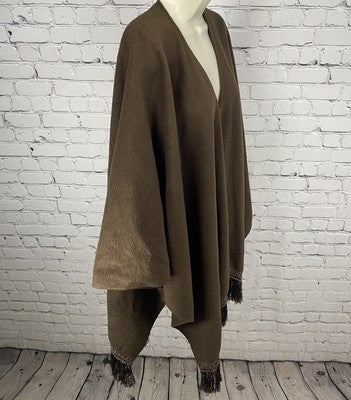 C.O.C. Brown Soft Fleece Cozy Open Wrap Tasseled Boxy Oversized Poncho Cape O/S
