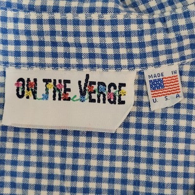 VTG On The Verge Blue Check Button Up Short Sleeve Shirt Top USA Made Size Large