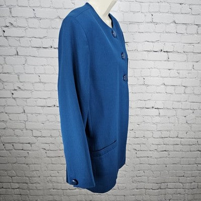 VTG Jones New York Suit Blue 100% Pure Wool 3 Button Collarless Jacket USA 12