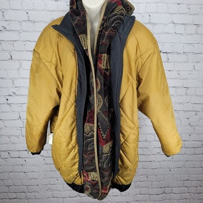 VTG UTEX 50 Black Velvety Print Trim Hooded Insulated Zip Puffer Jacket Large L
