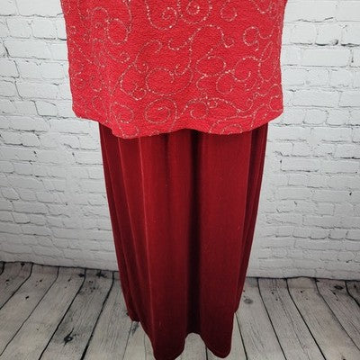 VTG Kathie Lee Cranberry Red Sequin Velvet Short Sleeve Long Dress Large L