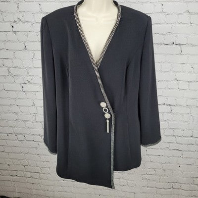 Promise New York Black Rhinestone Trim Embellished Brooch Lined Jacket Size 14