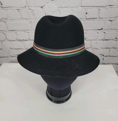 VTG Geo W Bollman Mr K Black 100% Wool Felt Striped Band Fedora Hat Medium M